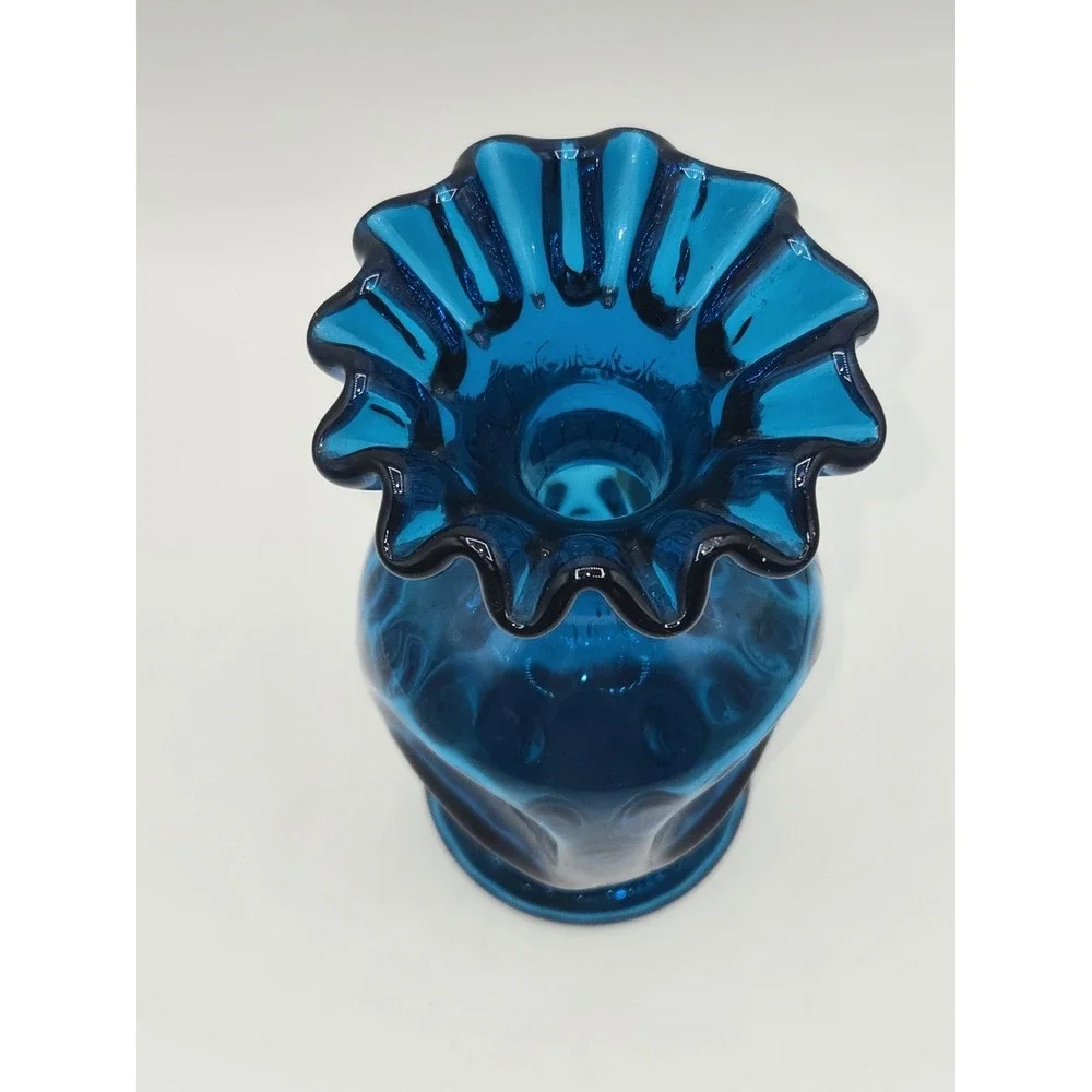 Fenton Jamestown Blue Coin Dot Art Glass Vase Ruffled Rim